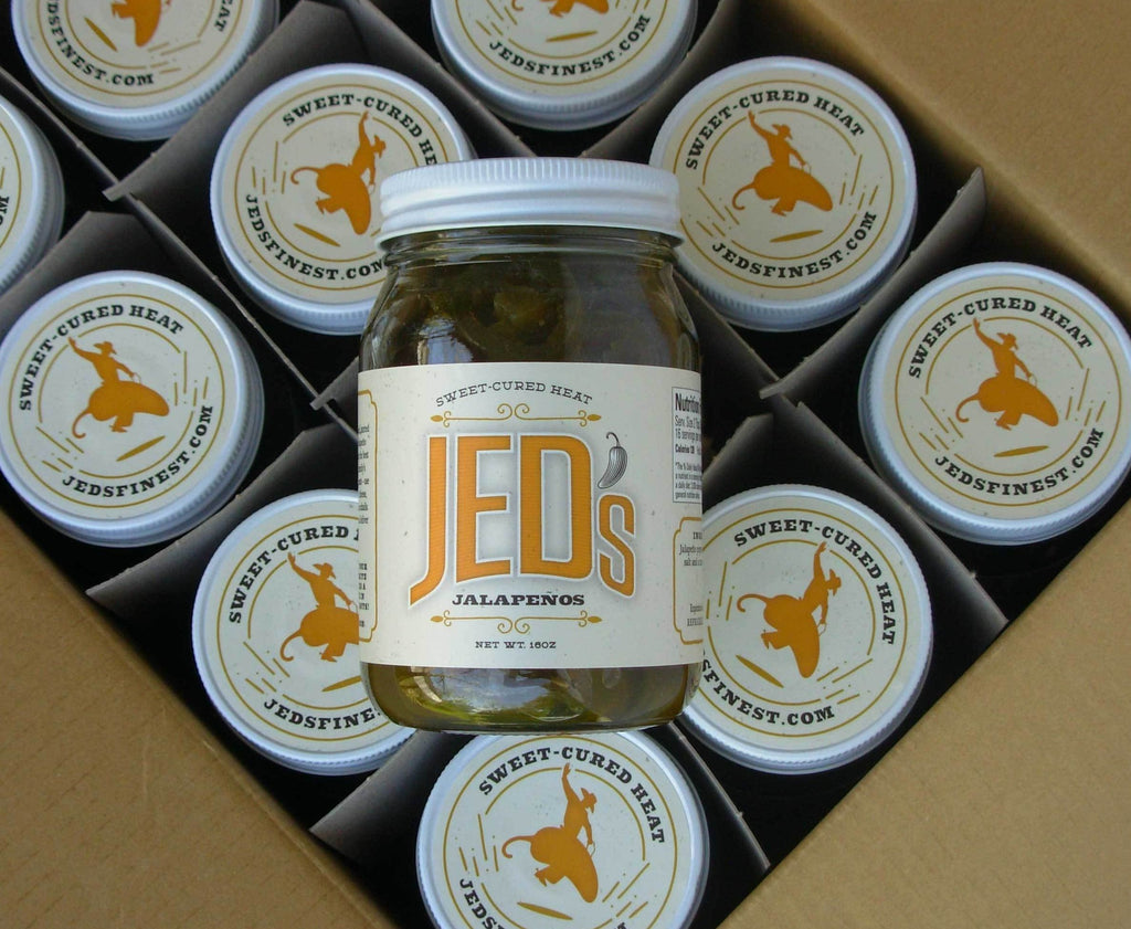 12 - 16 oz. jars of JED's Sweet-Cured Jalapeños